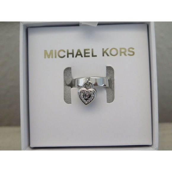 Michael Kors MKJX78890406 Sz 6 Silver-Tone "MK" Dangle Heart & Pave Stone Ring - Picture 3 of 14